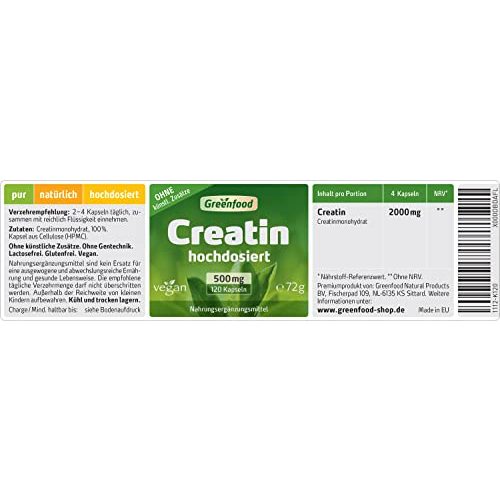 Creatin-Kapseln Greenfood Creatin, 500 mg, hochdosiert, 120 Kaps.