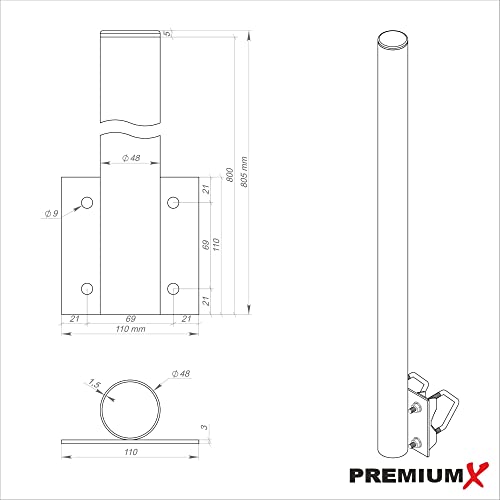 Mastverlängerung PremiumX Balkon-Halter 80cm Ø 48mm Stahl